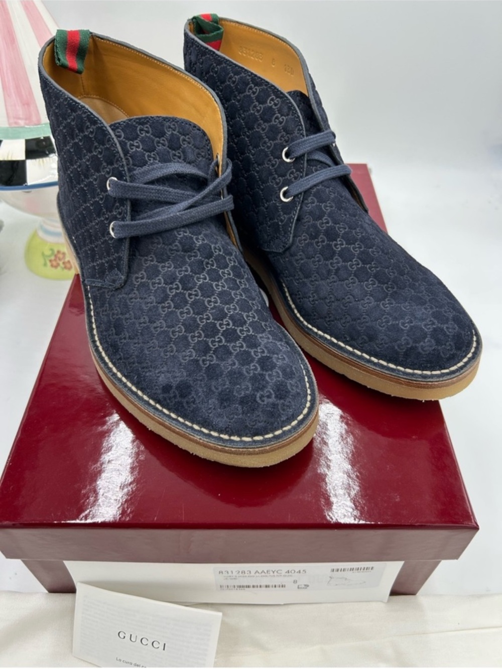 Gucci Navy MOREAU Suede GG Jacquard BOOTS . Size 8 fits 9. - Picture 2 of 9